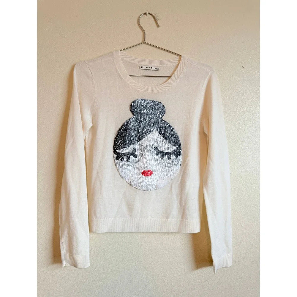 Alice + Olivia Sweater Womens White Stacey Face Sequin Wool Crew Neck C610711910